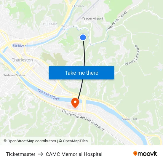 Ticketmaster to CAMC Memorial Hospital map