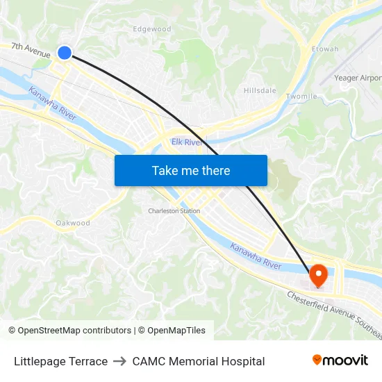 Littlepage Terrace to CAMC Memorial Hospital map