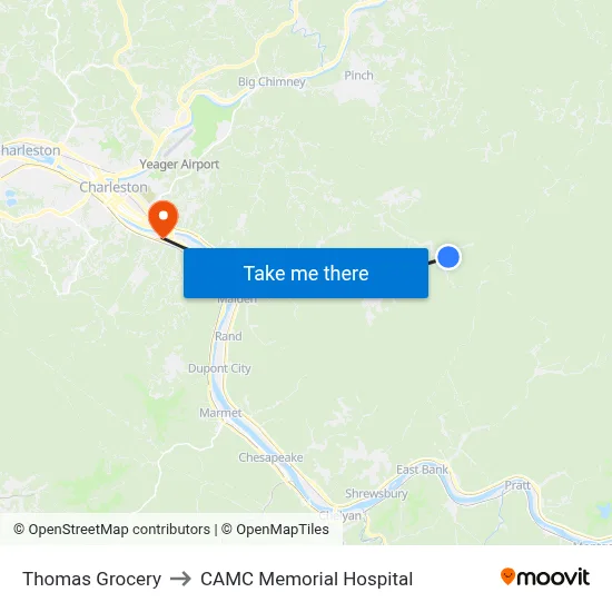Thomas Grocery to CAMC Memorial Hospital map
