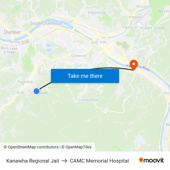 Kanawha Regional Jail to CAMC Memorial Hospital map
