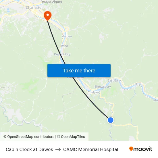 Cabin Creek at Dawes to CAMC Memorial Hospital map