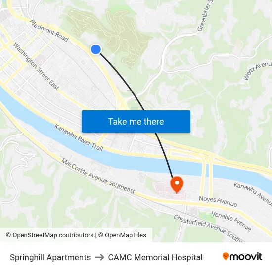 Springhill Apartments to CAMC Memorial Hospital map