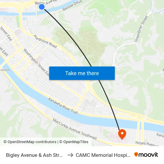 Bigley Avenue & Ash Street to CAMC Memorial Hospital map