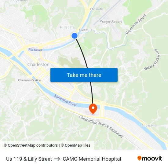 Us 119 & Lilly Street to CAMC Memorial Hospital map