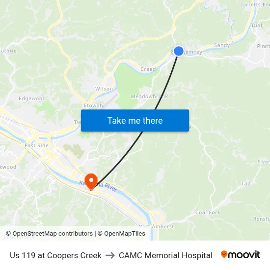 Us 119 at Coopers Creek to CAMC Memorial Hospital map
