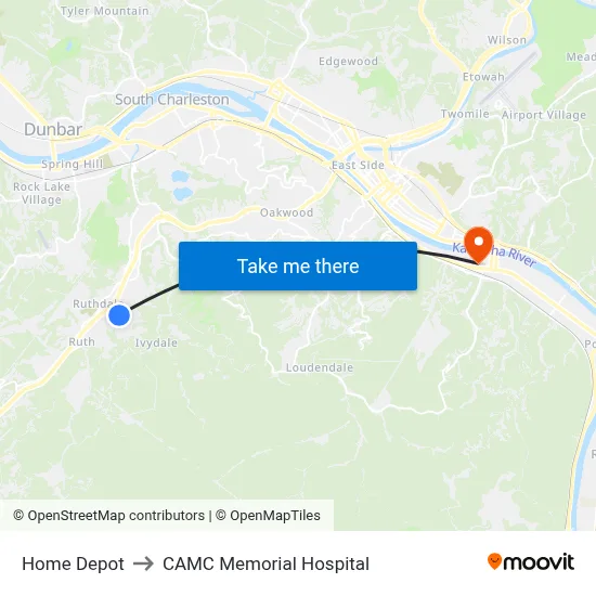 Home Depot to CAMC Memorial Hospital map