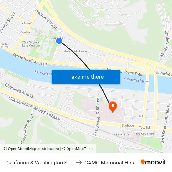 Califorina & Washington Streets to CAMC Memorial Hospital map