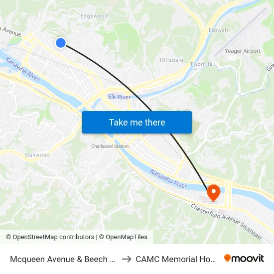 Mcqueen Avenue & Beech Street to CAMC Memorial Hospital map