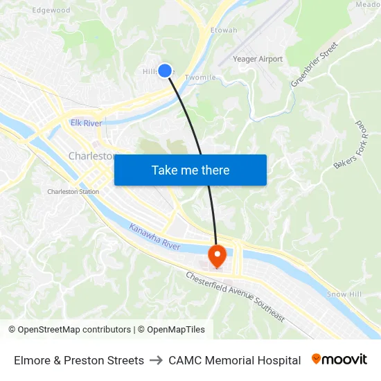 Elmore & Preston Streets to CAMC Memorial Hospital map