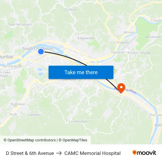 D Street & 6th Avenue to CAMC Memorial Hospital map
