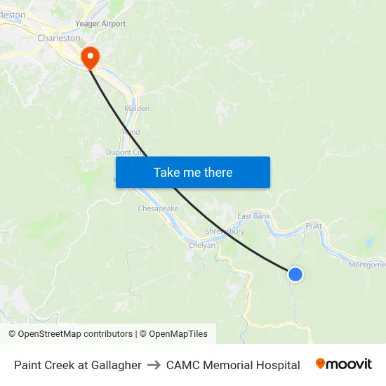 Paint Creek at Gallagher to CAMC Memorial Hospital map