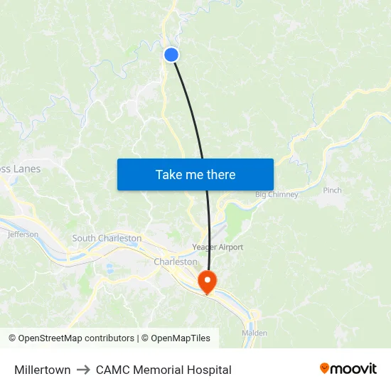 Millertown to CAMC Memorial Hospital map