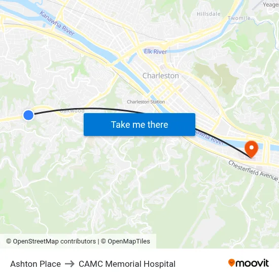 Ashton Place to CAMC Memorial Hospital map