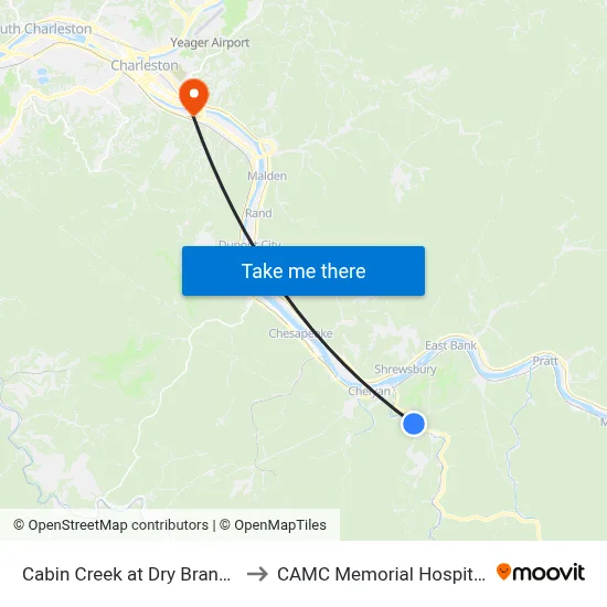 Cabin Creek at Dry Branch to CAMC Memorial Hospital map