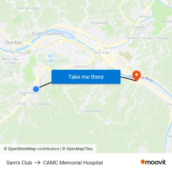 Sam's Club to CAMC Memorial Hospital map