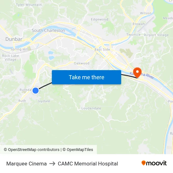 Marquee Cinema to CAMC Memorial Hospital map