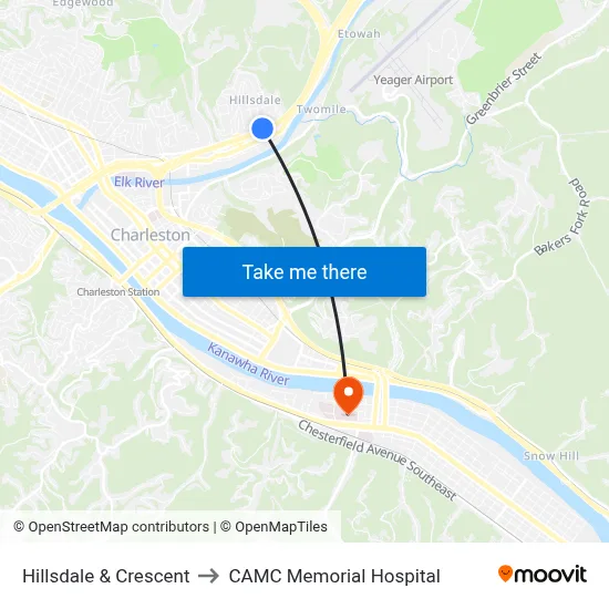 Hillsdale & Crescent to CAMC Memorial Hospital map
