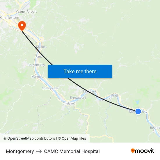Montgomery to CAMC Memorial Hospital map