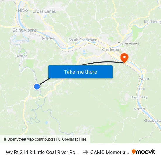 Wv Rt 214 & Little Coal River Road (Old Faschek) to CAMC Memorial Hospital map