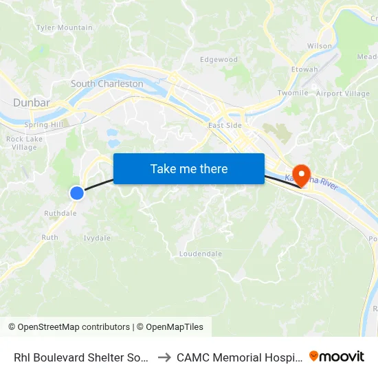 Rhl Boulevard Shelter South to CAMC Memorial Hospital map