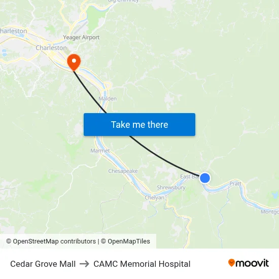 Cedar Grove Mall to CAMC Memorial Hospital map