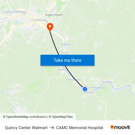 Quincy Center Walmart to CAMC Memorial Hospital map