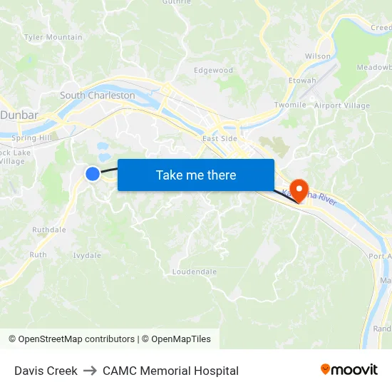 Davis Creek to CAMC Memorial Hospital map