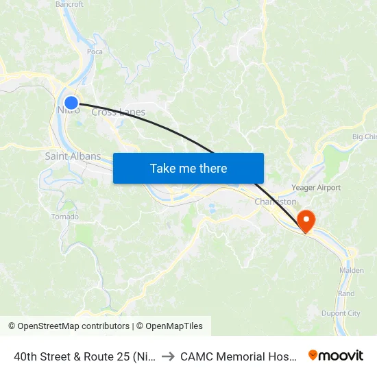 40th Street & Route 25 (Nitro) to CAMC Memorial Hospital map