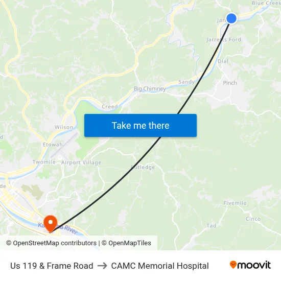 Us 119 & Frame Road to CAMC Memorial Hospital map