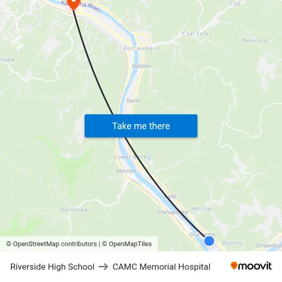 Riverside High School to CAMC Memorial Hospital map