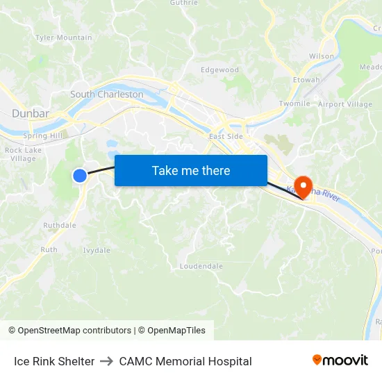 Ice Rink Shelter to CAMC Memorial Hospital map