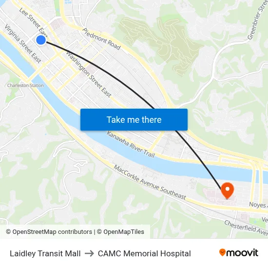 Laidley Transit Mall to CAMC Memorial Hospital map