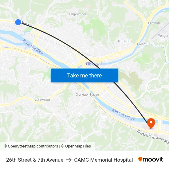 26th Street & 7th Avenue to CAMC Memorial Hospital map