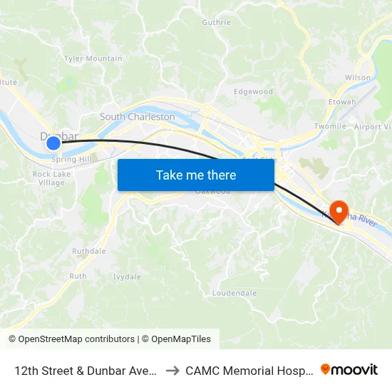 12th Street & Dunbar Avenue to CAMC Memorial Hospital map