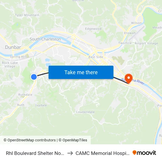 Rhl Boulevard Shelter North to CAMC Memorial Hospital map