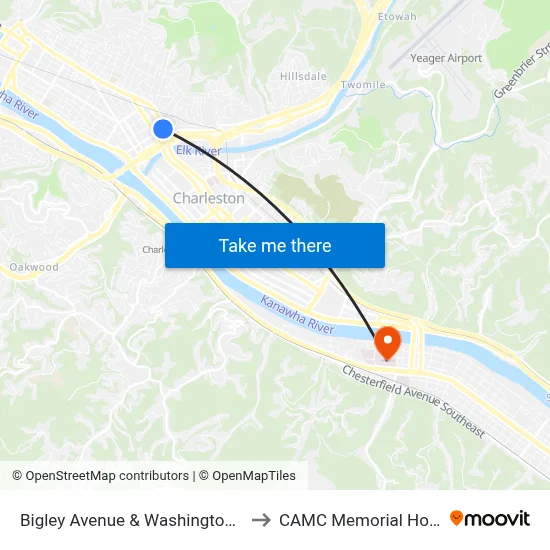 Bigley Avenue & Washington Street to CAMC Memorial Hospital map