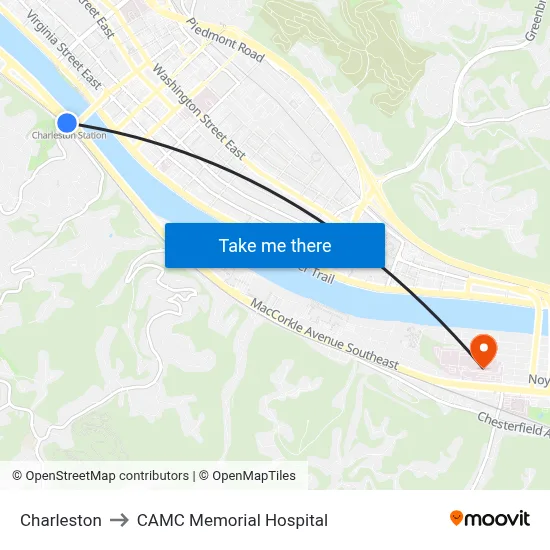 Charleston to CAMC Memorial Hospital map