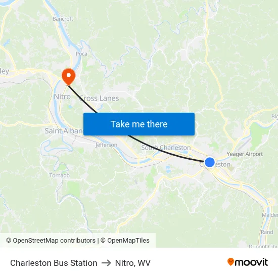 Charleston Bus Station to Nitro, WV map