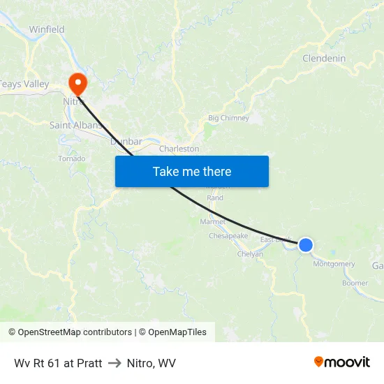 Wv Rt 61 at Pratt to Nitro, WV map