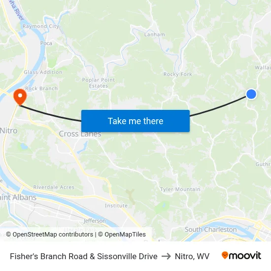 Fisher's Branch Road & Sissonville Drive to Nitro, WV map