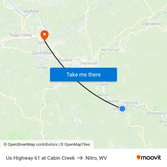 Us Highway 61 at Cabin Creek to Nitro, WV map