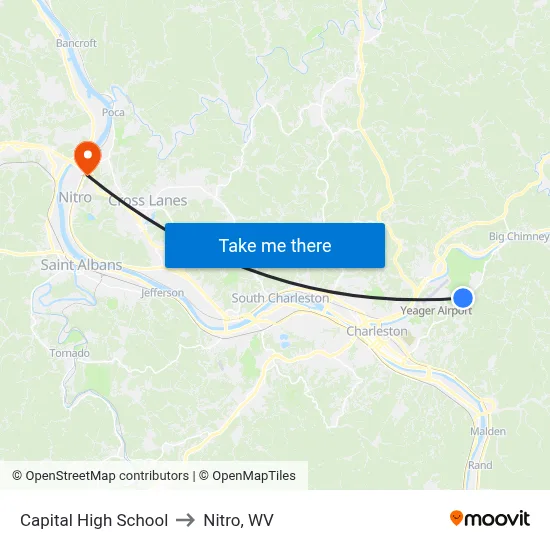 Capital High School to Nitro, WV map
