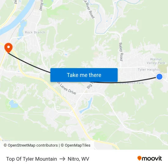 Top Of Tyler Mountain to Nitro, WV map