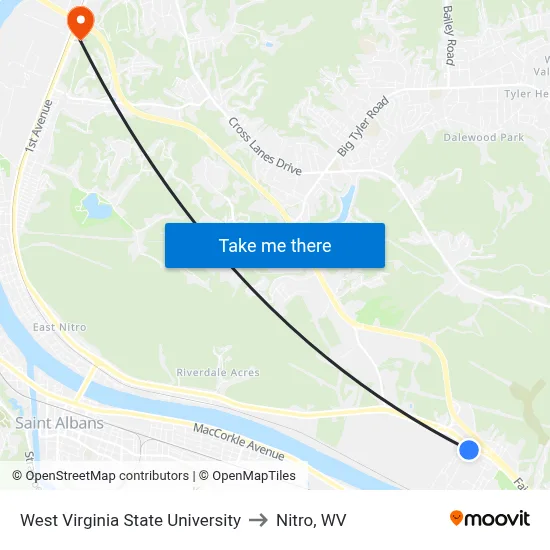 West Virginia State University to Nitro, WV map