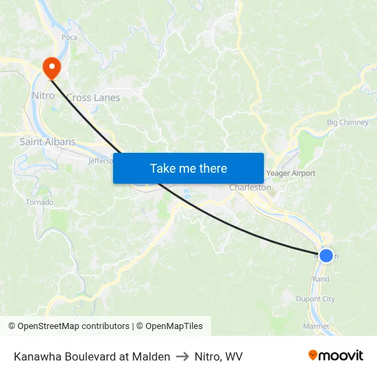 Kanawha Boulevard at Malden to Nitro, WV map