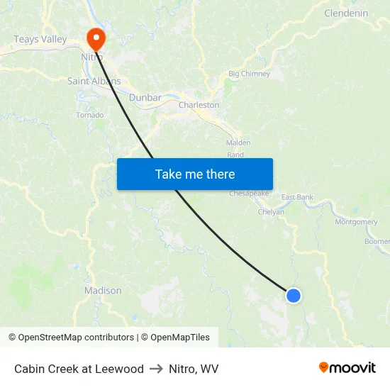 Cabin Creek at Leewood to Nitro, WV map