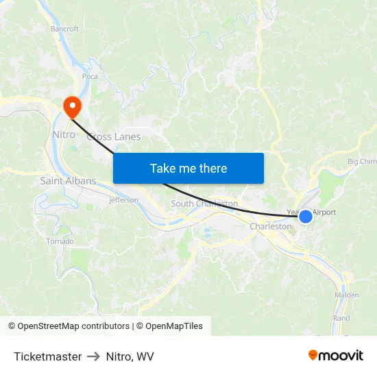 Ticketmaster to Nitro, WV map