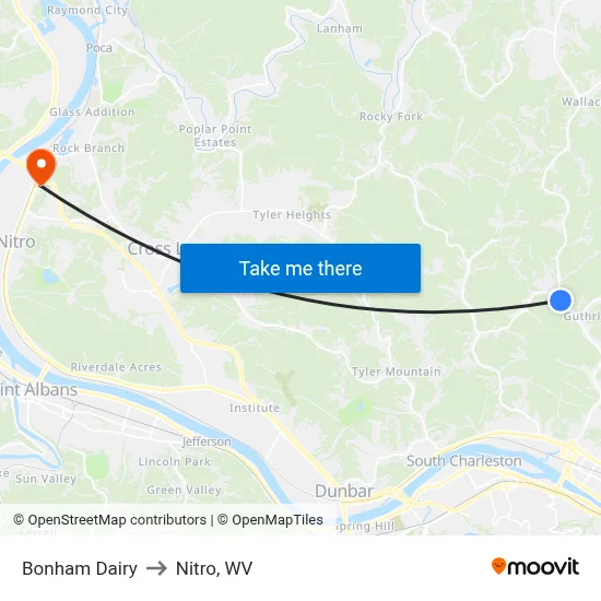 Bonham Dairy to Nitro, WV map