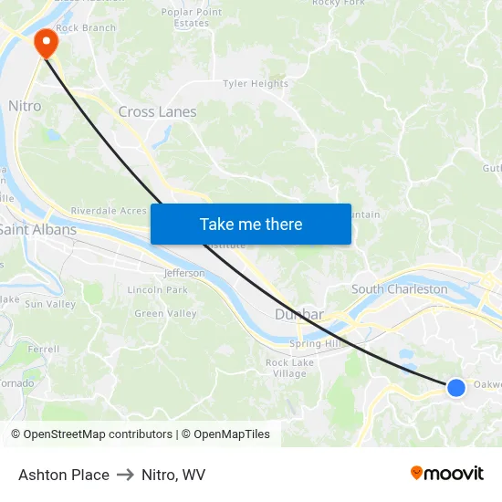 Ashton Place to Nitro, WV map