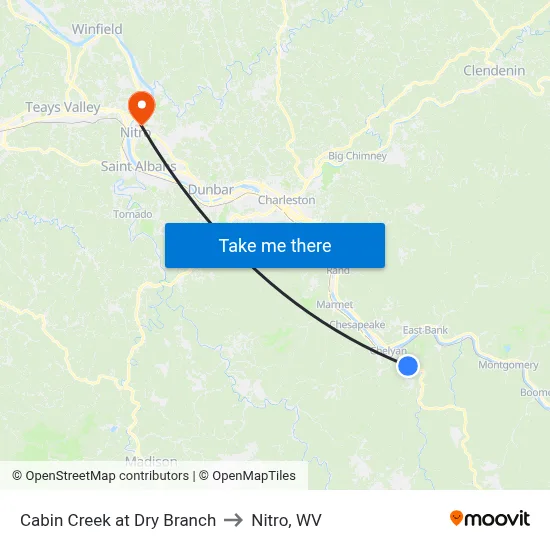 Cabin Creek at Dry Branch to Nitro, WV map